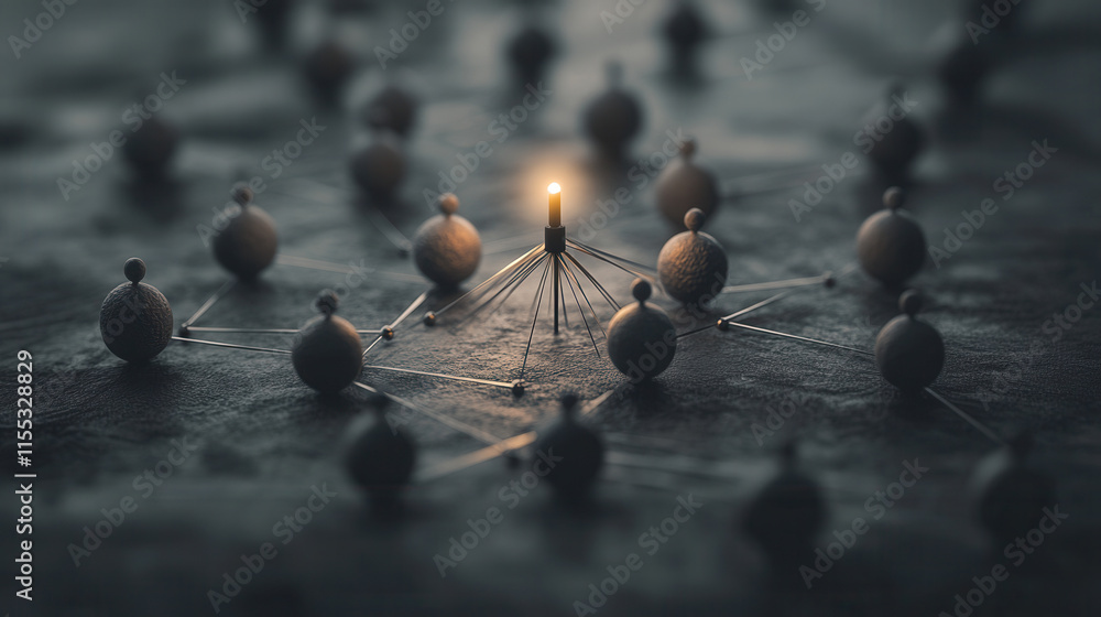 Poster 3d teamwork model with spherical figures connected by lines, showcasing collaboration and unity. cen