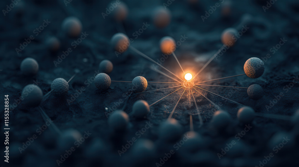 Poster glowing sphere connected to smaller spheres represents teamwork and collaboration in 3d model