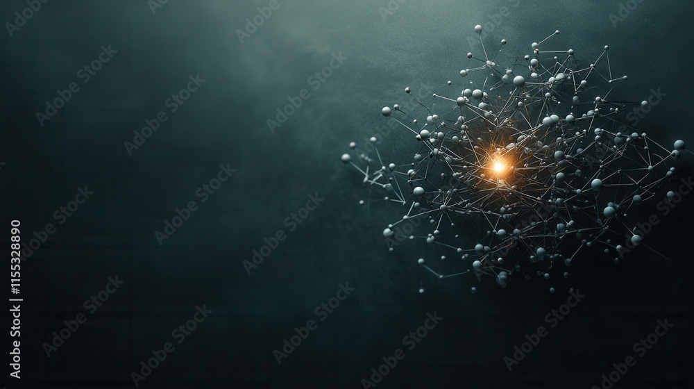 Poster visualize 3d teamwork model with interconnected spheres and glowing center, symbolizing collaboratio