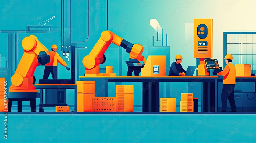 Aufkleber industrial automation scene with robotic arms and workers in modern factory setting featuring bright