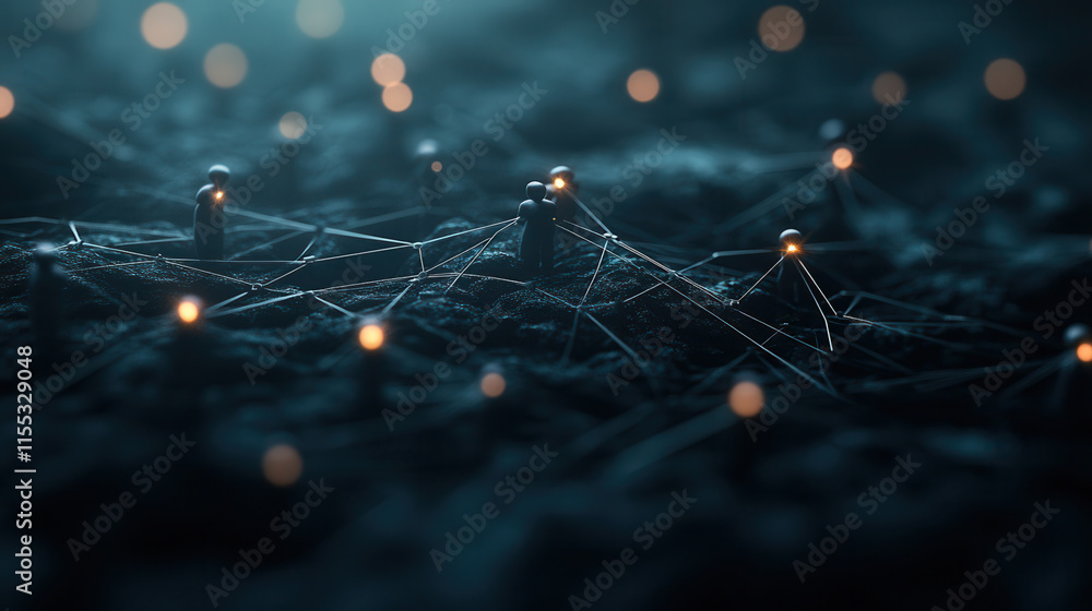 Poster visualize 3d network model with glowing connections and figures