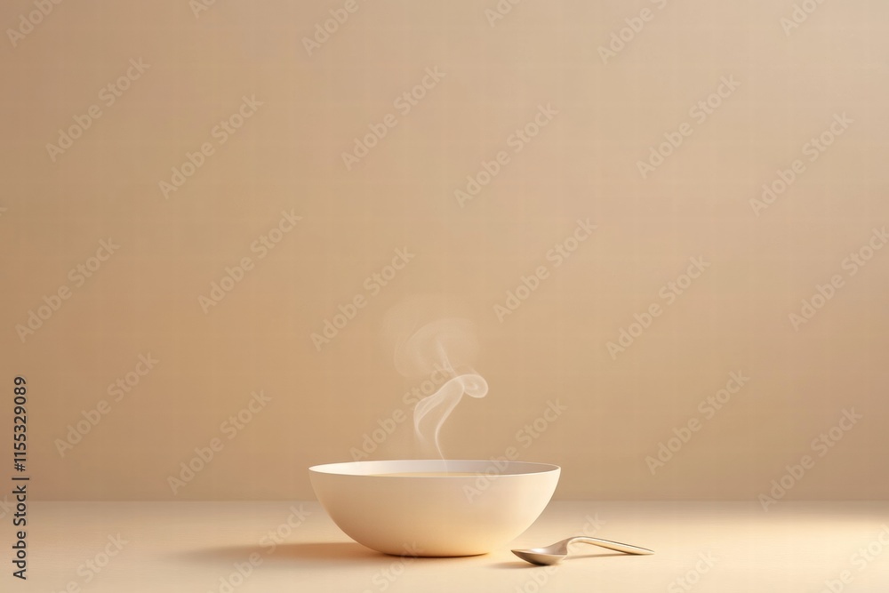 Poster elegant soup bowl with steam and spoon on a minimalist table setting. generative ai