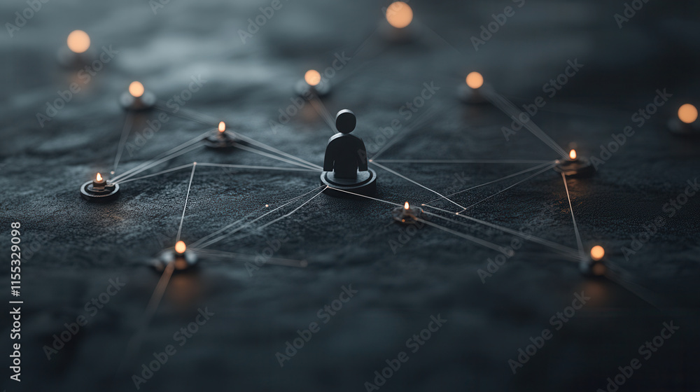 Poster 3d representation of network model with central figure surrounded by glowing nodes, symbolizing conn