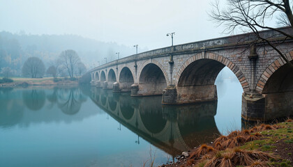 Fototapeta premium Misty morning along the serene river revealing a historic arch bridge at dawn