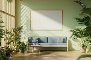 Modern Living Room Interior with Blank Canvas and Tropical Plants