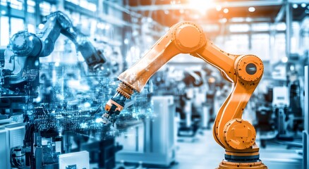 The concept of robots and robotic machinery to increase production in modern industrial factories. A group of robotic machines working on an assembly line representing automation.