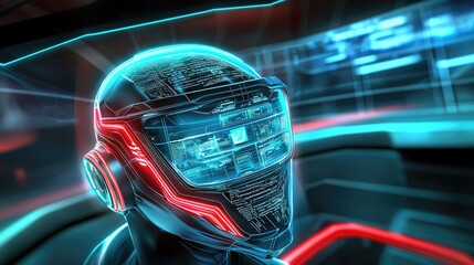 Futuristic Cyborg Head with Neon Lights and Digital Interface in High-Tech Environment Captured in a Sci-Fi Inspired Visual Experience