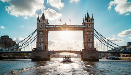 Obraz premium Sunset illumination casts a golden glow over the iconic Tower Bridge while a boat glides through the River Thames