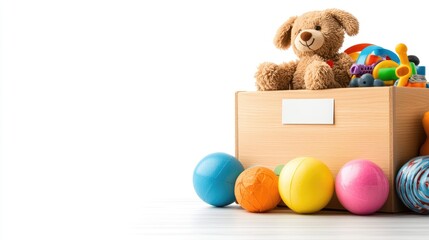 Colorful Toy Box with a Plush Bear Surrounded by Bright Balls and Playful Learning Toys for Children’s Room Decor and Fun Playtime Activities