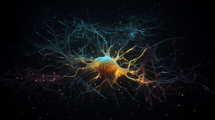 A detailed microscopic visualization of a neuron, showcasing its complex network of dendrites and axons. The central soma glows, radiating intricate connections.