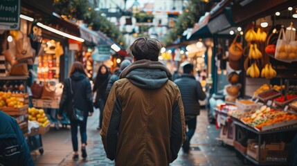 Obraz premium A person walking through a busy market, feeling energized and curious