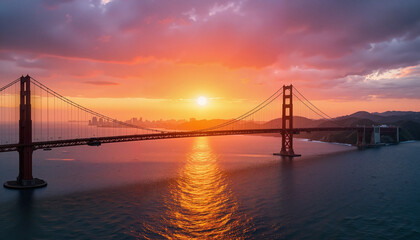 Fototapeta premium Spectacular sunset over the Golden Gate Bridge illuminating the San Francisco skyline and bay