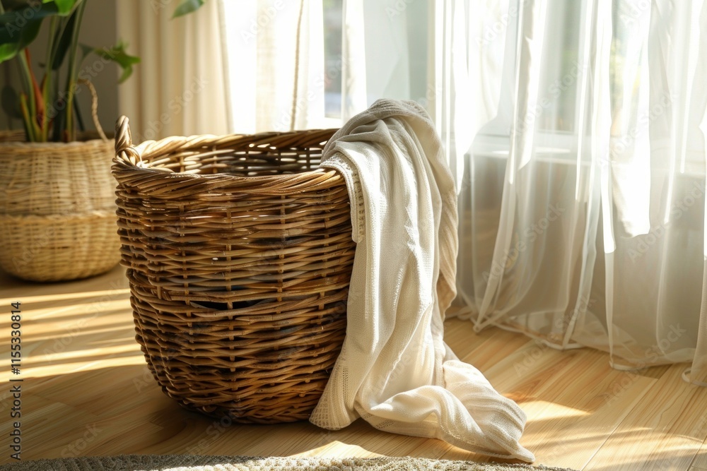 Poster empty wicker laundry basket with a white blanket draped over it, illuminated by sunlight streaming t