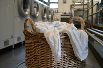 Wicker laundry basket overflowing with clean white towels and clothing in a professional laundry room setting