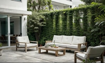 A minimalist outdoor patio with white walls, clean-lined furniture, and a neutral lounge set, serene and stylish