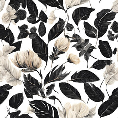 A black and white floral pattern isolated on a transparent background 