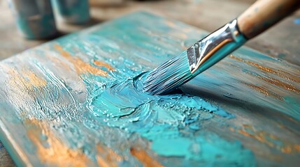 Fototapeta premium Close-up Photo: Artist Skillfully Applying Teal Acrylic Paint to Textured Canvas. AI Generated