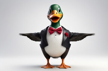 Cartoon duck in tuxedo, smiling, wings out.