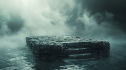 Rugged stone platform on rippling water, cloaked in swirling fog under dramatic lighting