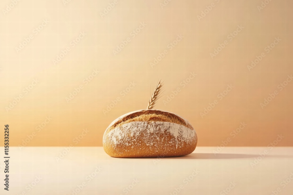 Fototapete minimalist bread loaf featuring wheat grains on a simple background for creative mock up and templat