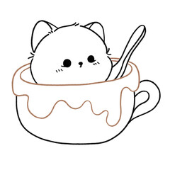 a cartoon cat is in a cup of sauce with a spoon on it