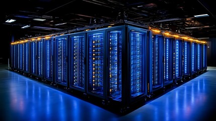 Illuminated server racks in a modern data center.