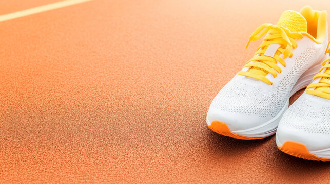 Running shoes in white with neon yellow laces resting near energy gels on bright orange track surface for endurance training preparation