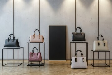 Modern display room with luxury accessories and a vertical poster frame on wooden flooring.
