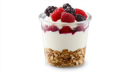 Delicious greek yogurt parfait layered with granola and fresh berries in a glass jar, creating a healthy and colorful breakfast or snack