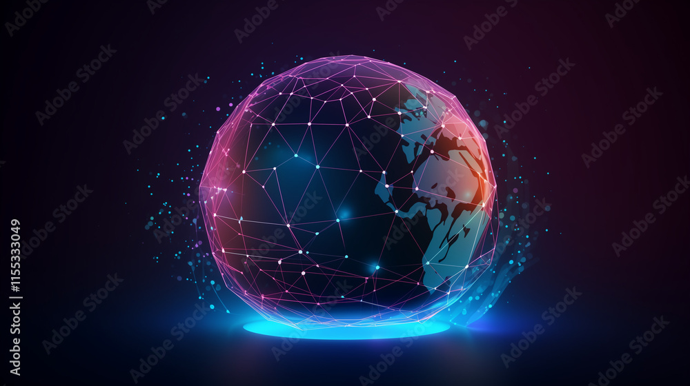 Poster stylized 3d rendering of a planet earth, depicted as a network of interconnected nodes and lines, gl
