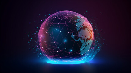 Obraz premium Stylized 3D rendering of a planet Earth, depicted as a network of interconnected nodes and lines, glowing with pink and blue light. Represents global connectivity and digital technology.