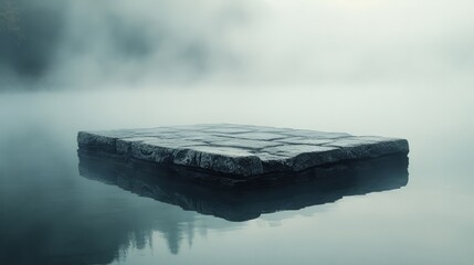 Weathered stone podium in tranquil water, obscured by swirling mist and dim light 