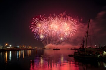Fireworks reflecting vividly in the calm waters of a harbor.