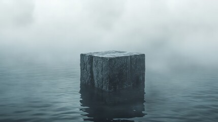 Weathered stone podium in tranquil water, obscured by swirling mist and dim light 