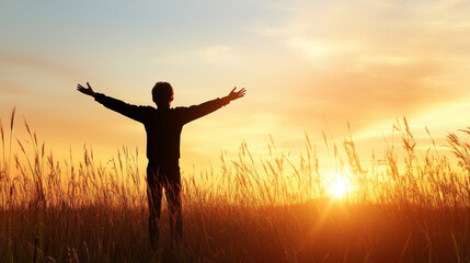 Fototapeta premium Silhouette man spreading arms in golden meadow, embracing sunset landscape with liberating stance