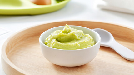 Creamy mashed avocado served on wooden high chair tray with silicone spoon, highlighting nutritious infant meal preparation