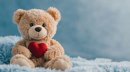 Obraz premium Cute teddy bear holding a red heart, radiating love and warmth while sitting on a soft blanket against a gray-blue backdrop
