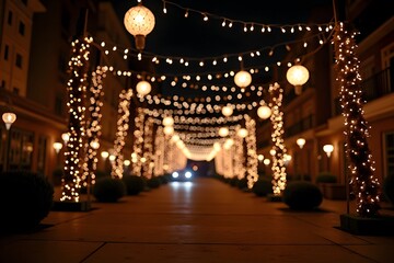 Obraz premium A street decorated with glowing fairy lights and lanterns.