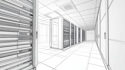 Illustrative View of a Modern Data Center Corridor with Server Racks, Showcasing a High-Tech Environment for Data Storage and Computing