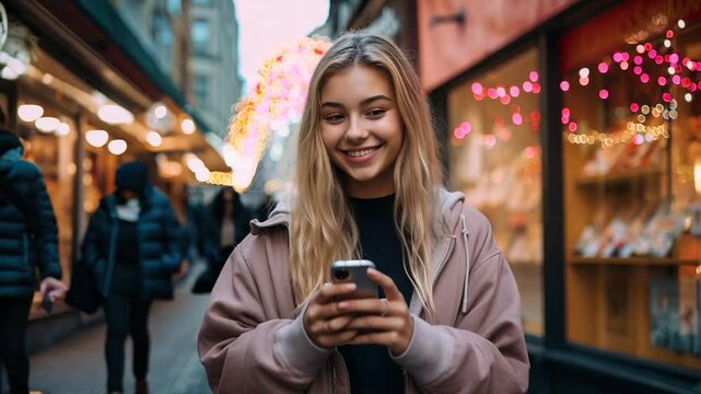 Young woman using a smartphone on a city street