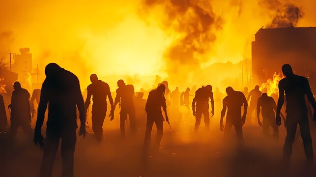 A group of zombies are walking through a burning city