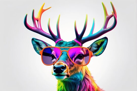 Colorful deer portrait wearing sunglasses.