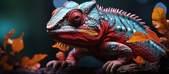 Colorful chameleon on a branch with flowers in the forest