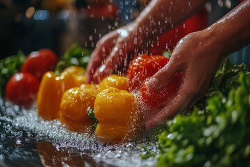 Close up of hands people washing vegetables by tap water at the sink in the kitchen to clean ingredient prepare a fresh salad, Generative AI