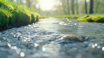 Sunlight reflecting on the surface of a flowing stream creates a serene atmosphere in a vibrant spring forest, showcasing nature's beauty