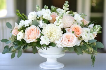 Elegant Peach and White Flower Arrangement in White Urn