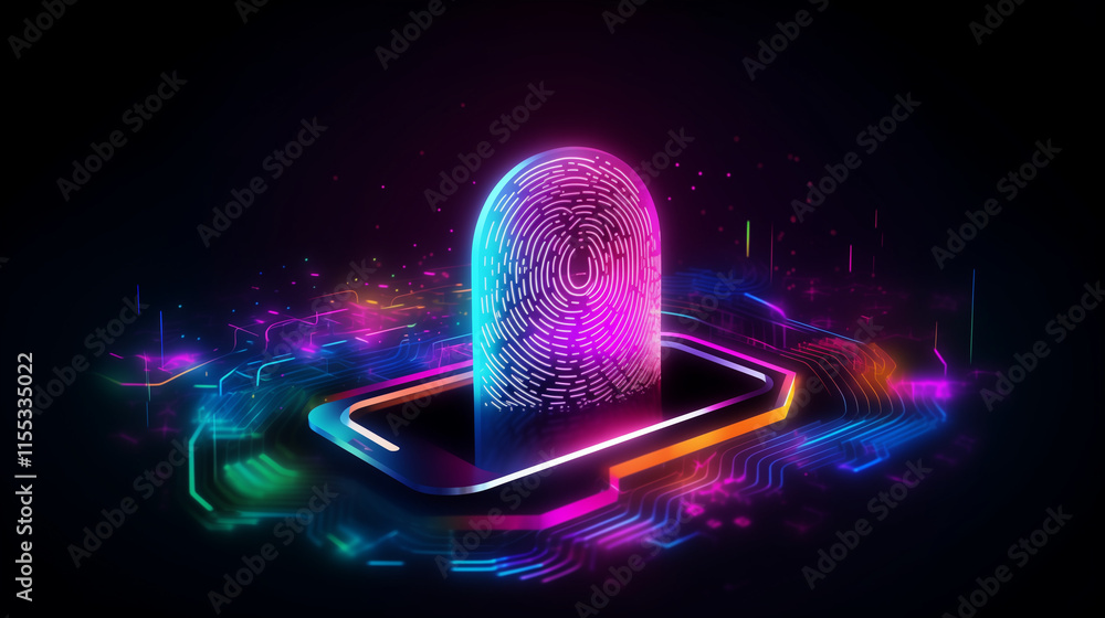 Poster a stylized digital fingerprint rests on a futuristic scanner, glowing with vibrant neon colors. it r