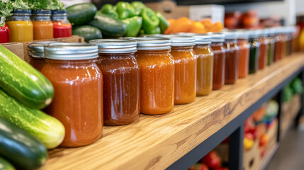Jars of colorful preserves sitting on a wooden market stall surrounded by fresh vegetables and fruits