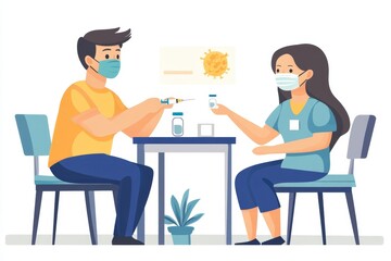 People getting a vaccination to prevent pandemic concept. Woman in medical face mask  receiving a dose of immunization coronavirus vaccine from a nurse at the medical center, Generative AI
