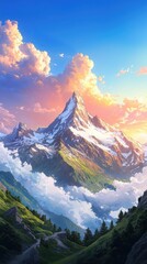 Vibrant sunrise over majestic mountain range nature landscape clean lineart elegant composition